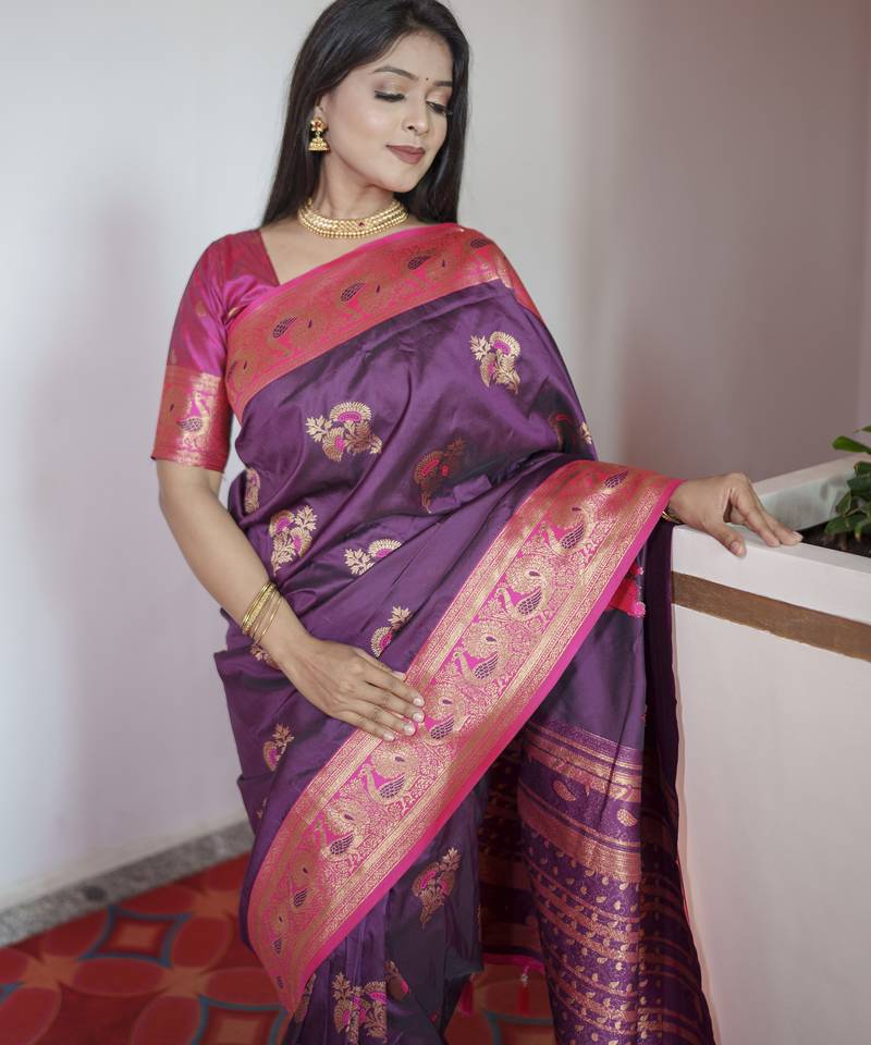 Wine banarasi silk blend saree with paithani rich weaved pallu and blouse