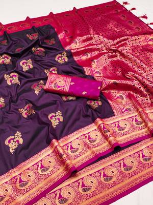 Wine banarasi silk blend saree with paithani rich weaved pallu and blouse 4