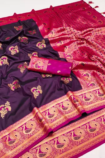 Wine banarasi silk blend saree with paithani rich weaved pallu and blouse