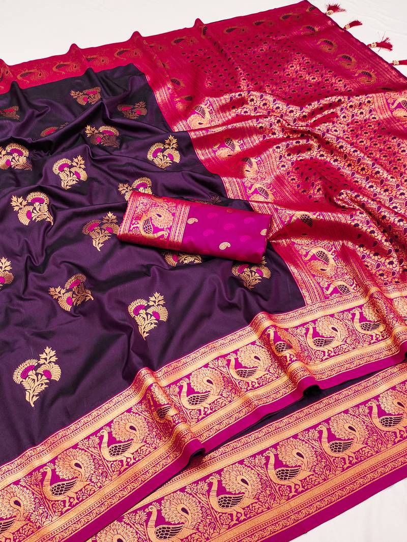 Wine banarasi silk blend saree with paithani rich weaved pallu and blouse