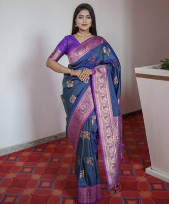 Blue banarasi silk blend saree with paithani rich weaved pallu and blouse 1