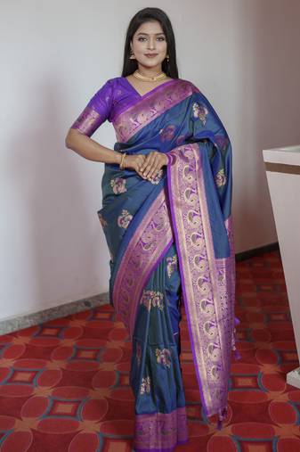 Blue banarasi silk blend saree with paithani rich weaved pallu and blouse