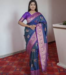 Blue banarasi silk blend saree with paithani rich weaved pallu and blouse