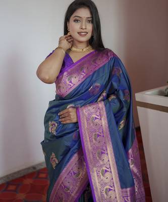 Blue banarasi silk blend saree with paithani rich weaved pallu and blouse 2