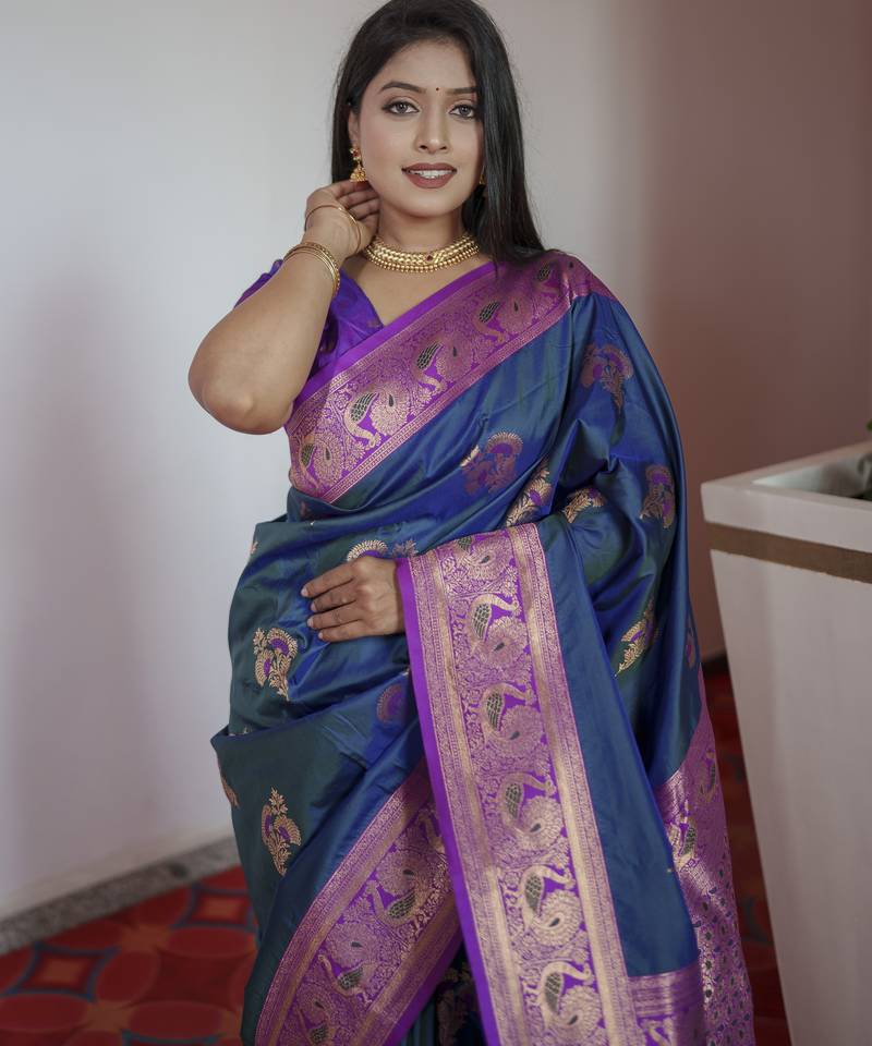 Blue banarasi silk blend saree with paithani rich weaved pallu and blouse