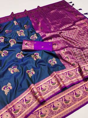 Blue banarasi silk blend saree with paithani rich weaved pallu and blouse 3