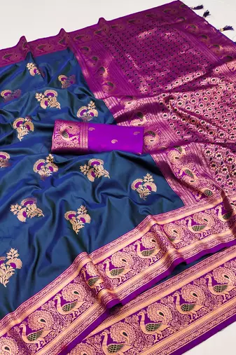 Blue banarasi silk blend saree with paithani rich weaved pallu and blouse