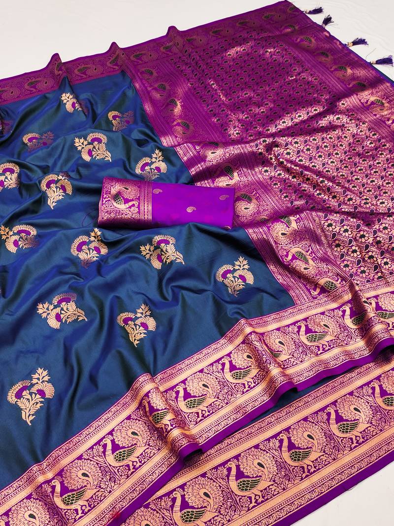 Blue banarasi silk blend saree with paithani rich weaved pallu and blouse