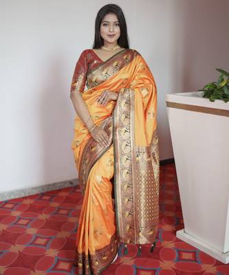 Yellow  banarasi silk blend saree with paithani rich weaved pallu and blouse 1