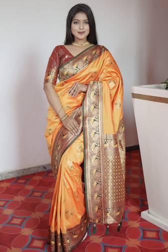 Yellow  banarasi silk blend saree with paithani rich weaved pallu and blouse