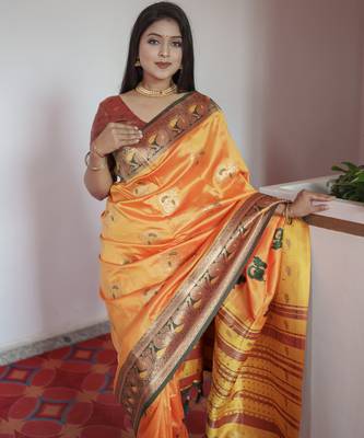 Yellow  banarasi silk blend saree with paithani rich weaved pallu and blouse 3