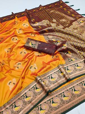 Yellow  banarasi silk blend saree with paithani rich weaved pallu and blouse 4