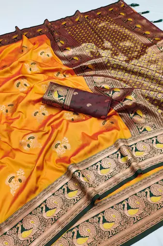 Yellow  banarasi silk blend saree with paithani rich weaved pallu and blouse
