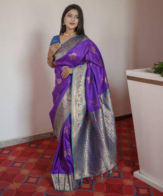 Purple banarasi silk blend saree with paithani rich weaved pallu and blouse 1