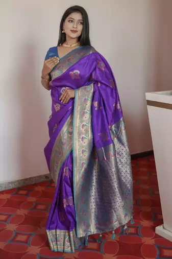 Purple banarasi silk blend saree with paithani rich weaved pallu and blouse