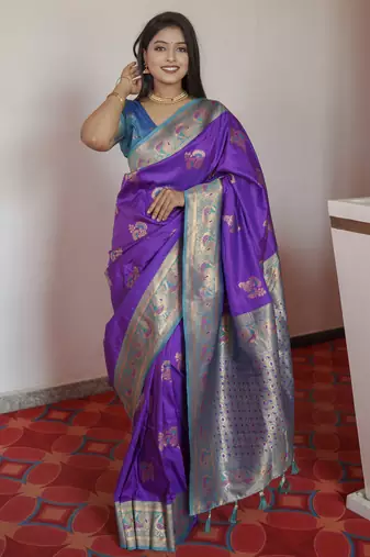 Purple banarasi silk blend saree with paithani rich weaved pallu and blouse