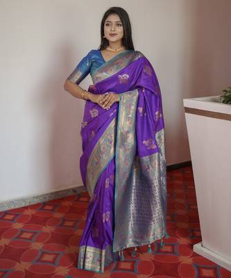 Purple banarasi silk blend saree with paithani rich weaved pallu and blouse 3