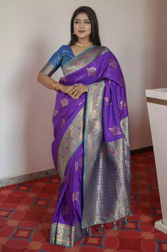 Purple banarasi silk blend saree with paithani rich weaved pallu and blouse