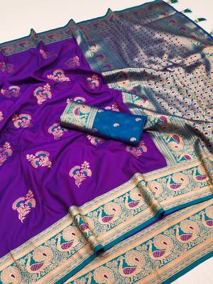 Purple banarasi silk blend saree with paithani rich weaved pallu and blouse 4