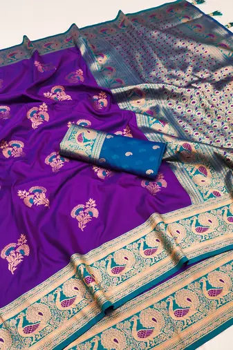 Purple banarasi silk blend saree with paithani rich weaved pallu and blouse