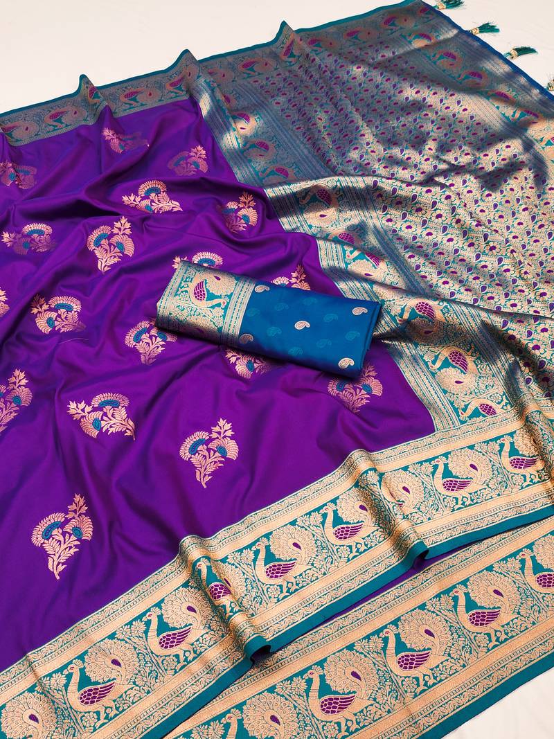 Purple banarasi silk blend saree with paithani rich weaved pallu and blouse