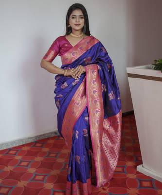 Violet banarasi silk blend saree with paithani rich weaved pallu and blouse 1