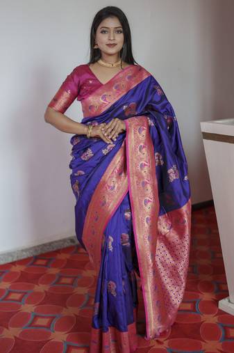 Violet banarasi silk blend saree with paithani rich weaved pallu and blouse