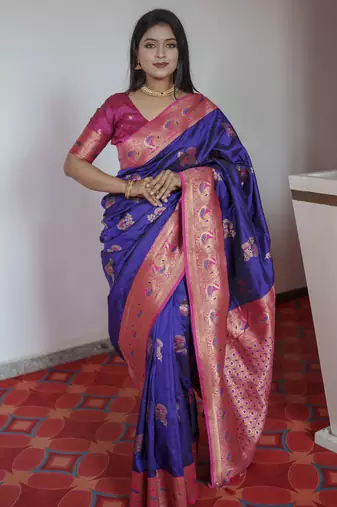 Violet banarasi silk blend saree with paithani rich weaved pallu and blouse