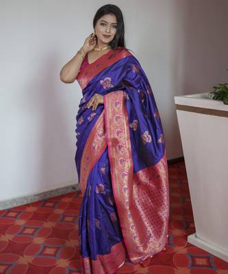 Violet banarasi silk blend saree with paithani rich weaved pallu and blouse 2