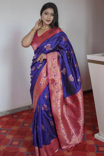 Violet banarasi silk blend saree with paithani rich weaved pallu and blouse