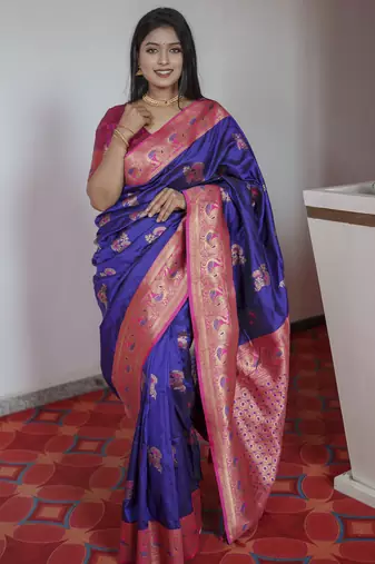 Violet banarasi silk blend saree with paithani rich weaved pallu and blouse