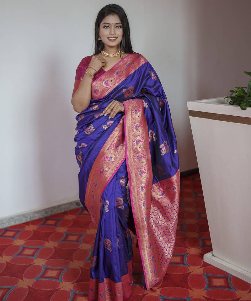 Violet banarasi silk blend saree with paithani rich weaved pallu and blouse