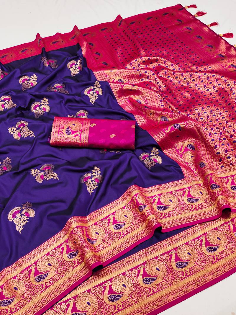 Violet banarasi silk blend saree with paithani rich weaved pallu and blouse