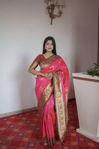 Pink banarasi silk blend saree with paithani rich weaved pallu and blouse