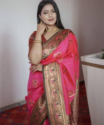 Pink banarasi silk blend saree with paithani rich weaved pallu and blouse 2