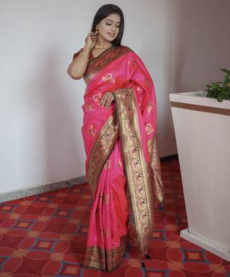 Pink banarasi silk blend saree with paithani rich weaved pallu and blouse 3