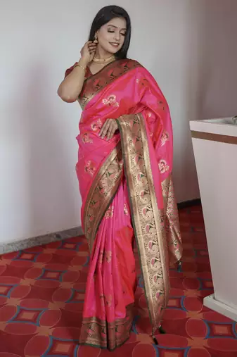 Pink banarasi silk blend saree with paithani rich weaved pallu and blouse