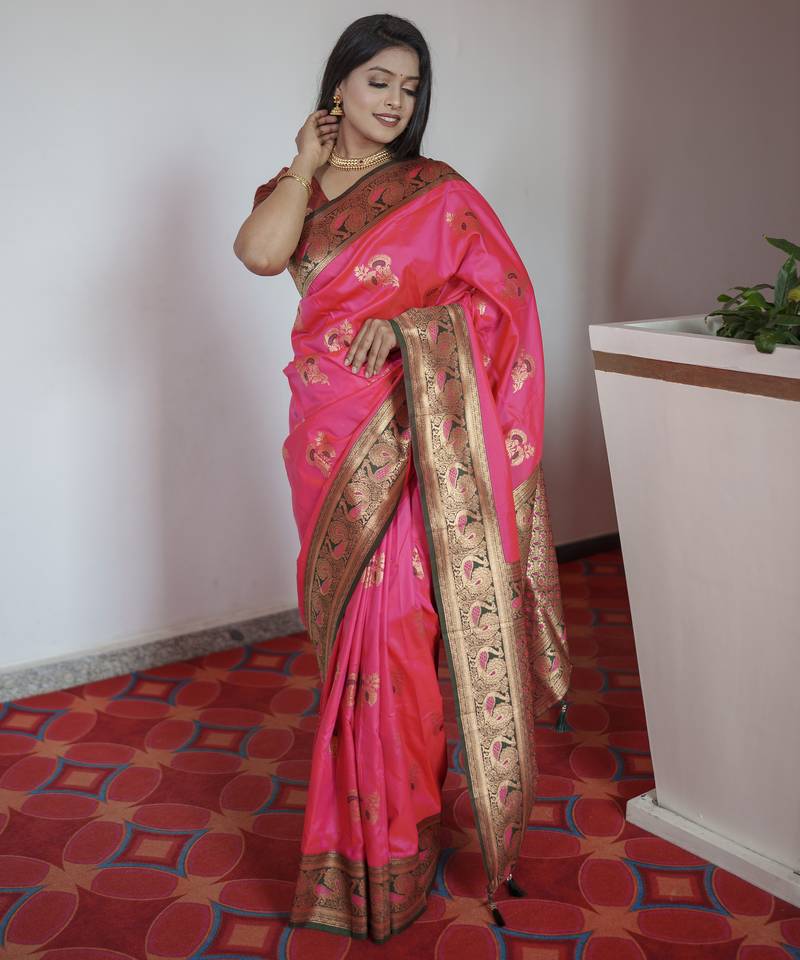 Pink banarasi silk blend saree with paithani rich weaved pallu and blouse