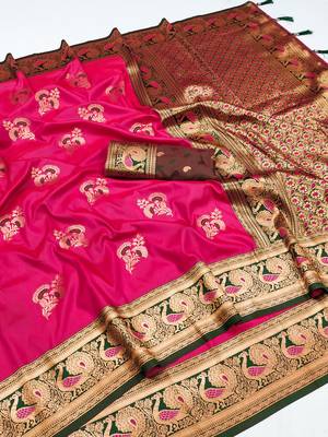 Pink banarasi silk blend saree with paithani rich weaved pallu and blouse 4