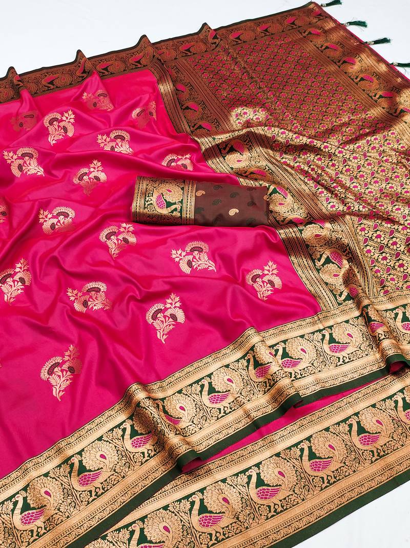 Pink banarasi silk blend saree with paithani rich weaved pallu and blouse