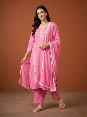 Thread Pure Cotton Fabric Straight Kurta Pant and Dupatta Set 1