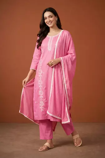 Thread Pure Cotton Fabric Straight Kurta Pant and Dupatta Set