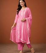 Thread Pure Cotton Fabric Straight Kurta Pant and Dupatta Set