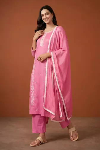 Thread Pure Cotton Fabric Straight Kurta Pant and Dupatta Set