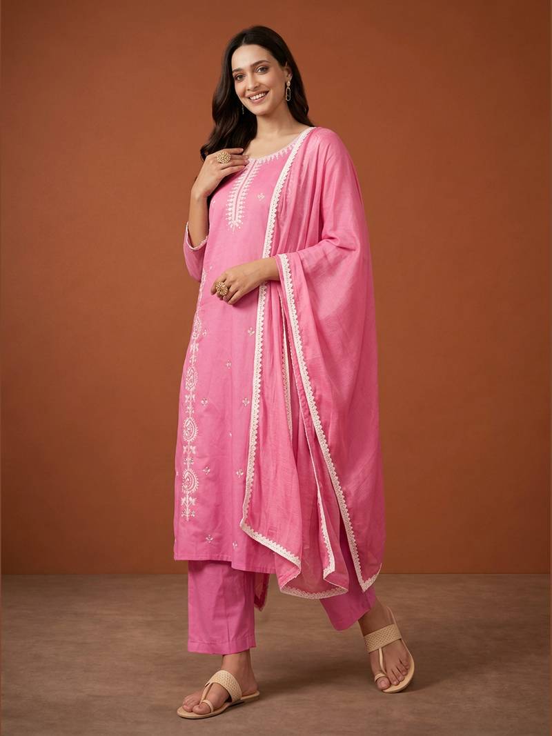 Thread Pure Cotton Fabric Straight Kurta Pant and Dupatta Set