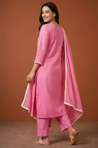 Thread Pure Cotton Fabric Straight Kurta Pant and Dupatta Set