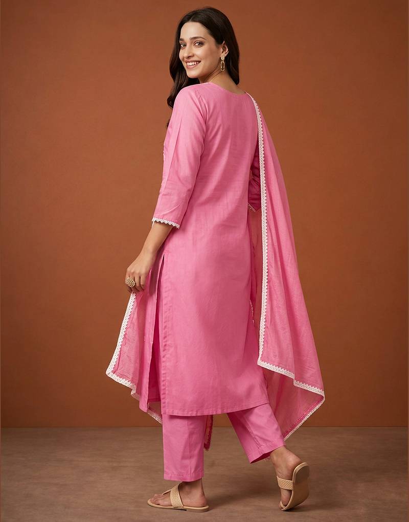 Thread Pure Cotton Fabric Straight Kurta Pant and Dupatta Set