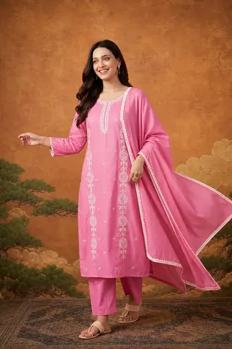 Thread Pure Cotton Fabric Straight Kurta Pant and Dupatta Set