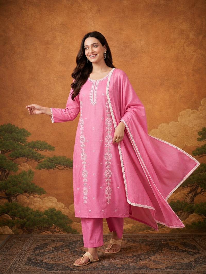 Thread Pure Cotton Fabric Straight Kurta Pant and Dupatta Set