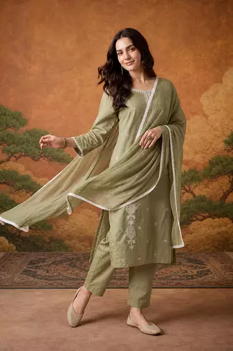 Thread Pure Cotton Fabric Straight Kurta Pant and Dupatta Set